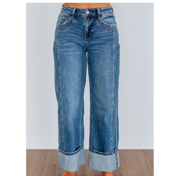 Flying Monkey Denim - Flying Monkey high rise wide cuffed wide leg medium wash blue denim jeans sz 31